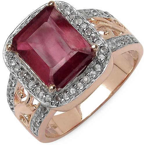 14K Rose Gold Plated 4.29 Carat Genuine Glass Filled Ruby & White Topaz .925 Sterling Silver Ring