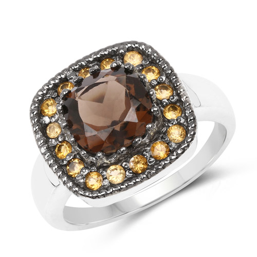 Rings-2.55 Carat Genuine Smoky Quartz and Citrine .925 Sterling Silver Ring