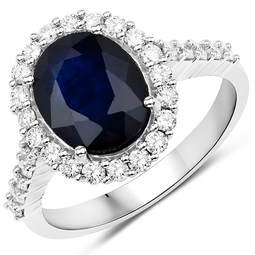 Sapphire-3.70 Carat Genuine Blue Sapphire and White Diamond 14K White Gold Ring