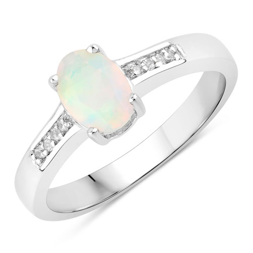 Opal-0.41 Carat Genuine Ethiopian Opal and Created White Sapphire .925 Sterling Silver Ring