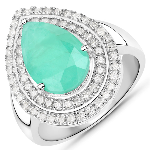 Emerald-3.21 Carat Genuine Emerald and White Diamond .925 Sterling Silver Ring