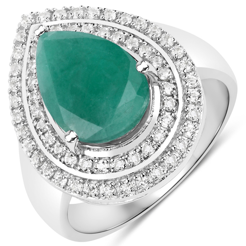 Emerald-3.29 Carat Genuine Emerald and White Topaz .925 Sterling Silver Ring