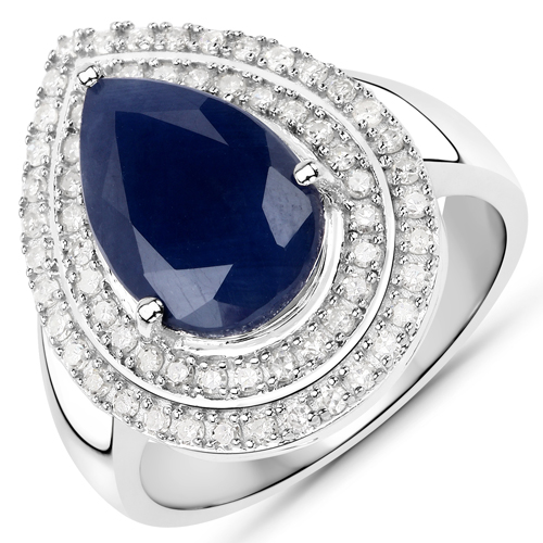 Sapphire-4.42 Carat Genuine Blue Sapphire and White Diamond .925 Sterling Silver Ring
