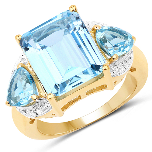 Rings-14K Yellow Gold Plated 8.80 Carat Genuine Blue Topaz .925 Sterling Silver Ring