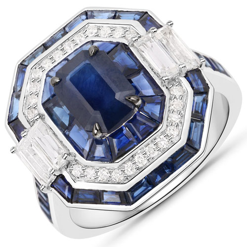 Sapphire-5.16 Carat Genuine Blue Sapphire and White Diamond 14K White Gold Ring