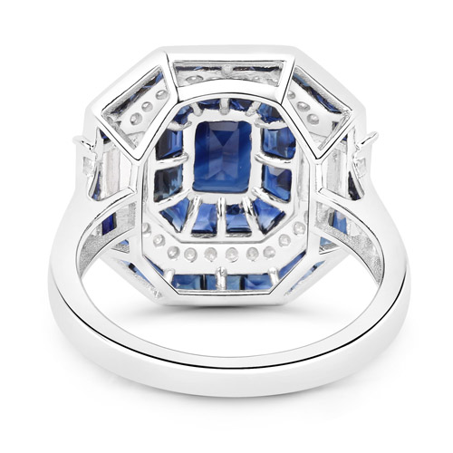 5.66 Carat Genuine Blue Sapphire, White Diamond and White Topaz 14K White Gold Ring