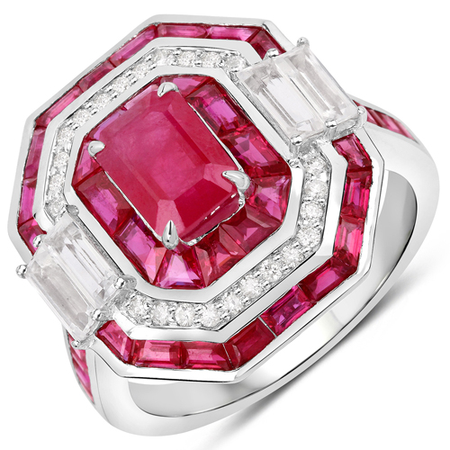 Ruby-5.51 Carat Genuine Ruby, White Diamond and White Topaz 14K White Gold Ring