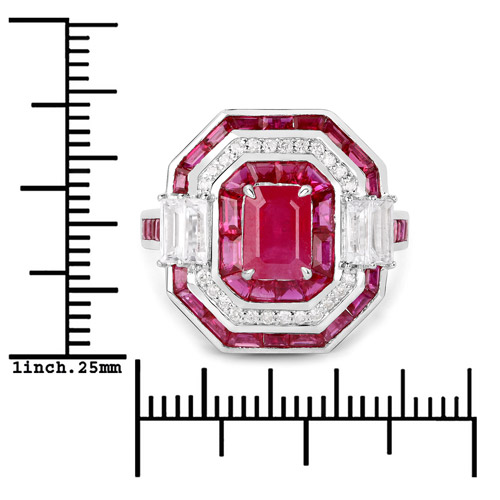 5.51 Carat Genuine Ruby, White Diamond and White Topaz 14K White Gold Ring