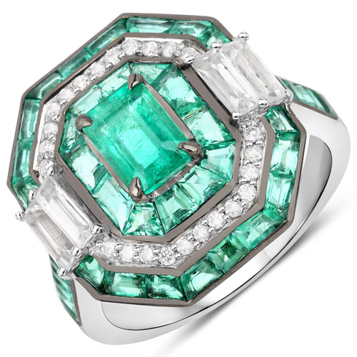 Emerald-4.81 Carat Genuine Zambian Emerald and White Diamond 14K White Gold Ring