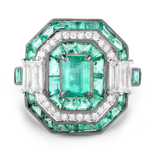 4.99 Carat Genuine Zambian Emerald, White Diamond and White Topaz 14K White Gold Ring