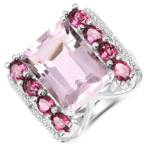 Amethyst-7.80 Carat Genuine Pink Amethyst, Rhodolite & White Topaz .925 Sterling Silver Ring