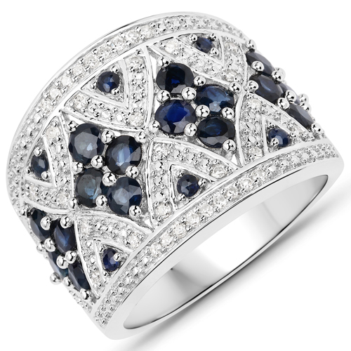 Sapphire-1.85 Carat Genuine Blue Sapphire and White Diamond .925 Sterling Silver Ring