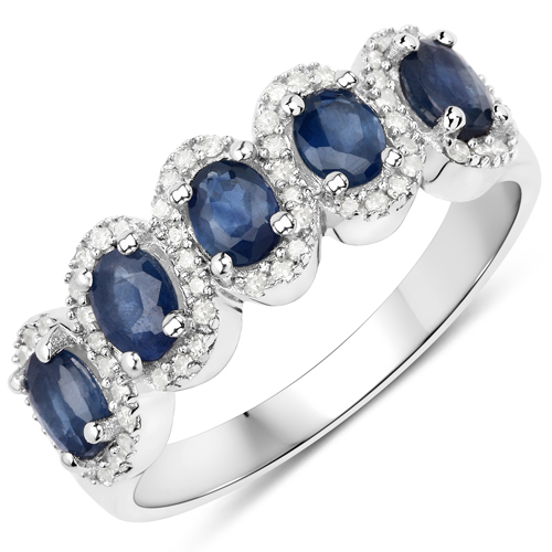 Sapphire-1.20 Carat Genuine Blue Sapphire and White Diamond .925 Sterling Silver Ring