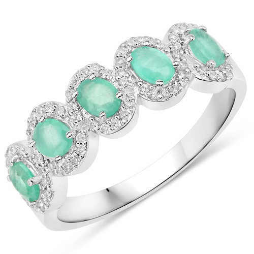 Emerald-0.85 Carat Genuine Emerald and White Diamond .925 Sterling Silver Ring