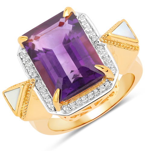 Amethyst-7.48 Carat Genuine Amethyst, Mother Of Pearl and White Topaz .925 Sterling Silver Ring