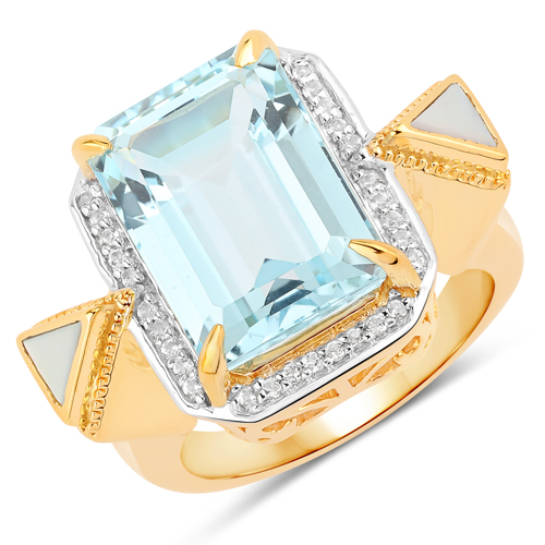 Rings-9.98 Carat Genuine Blue Topaz, Mother Of Pearl and White Topaz .925 Sterling Silver Ring