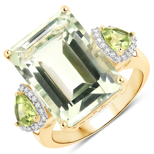 Amethyst-12.08 Carat Genuine Green Amethyst, Peridot and White Diamond 14K Yellow Gold Ring