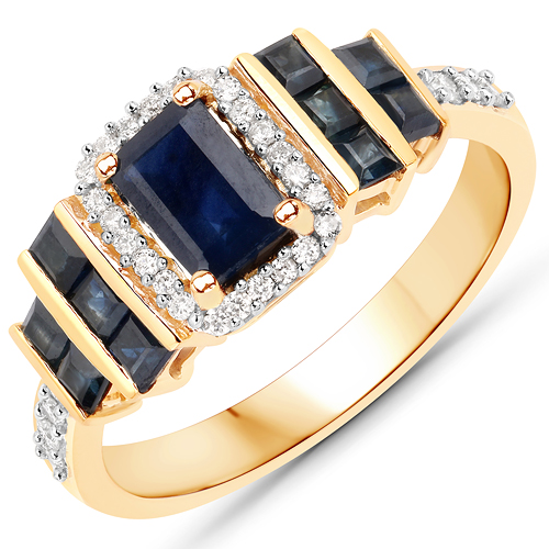 Sapphire-1.33 Carat Genuine Blue Sapphire and White Diamond 14K Yellow Gold Ring
