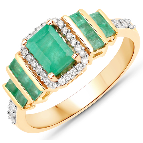 Emerald-1.20 Carat Genuine Zambian Emerald and White Diamond 14K Yellow Gold Ring