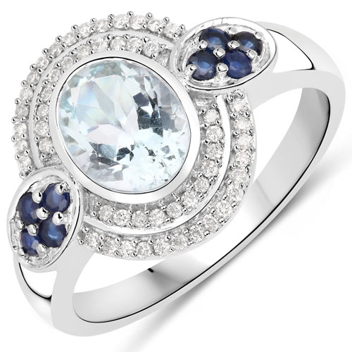 Rings-1.44 Carat Genuine Aquamarine, Blue Sapphire and White Diamond 14K White Gold Ring