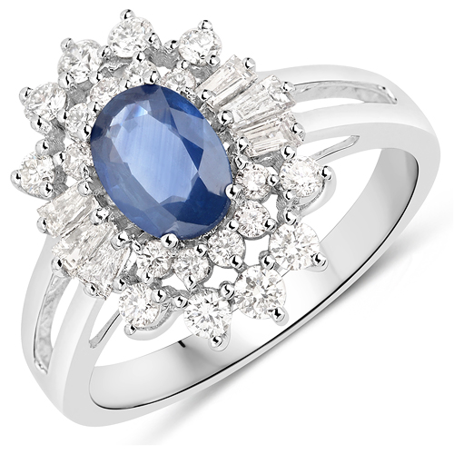 Sapphire-1.65 Carat Genuine Blue Sapphire and White Diamond 14K White Gold Ring
