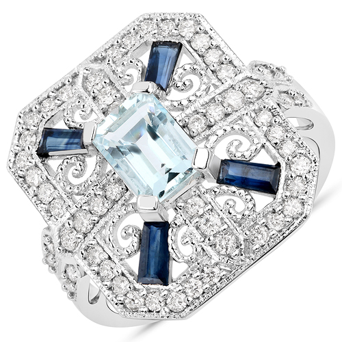 Rings-1.86 Carat Genuine Aquamarine, Blue Sapphire and White Diamond 14K White Gold Ring