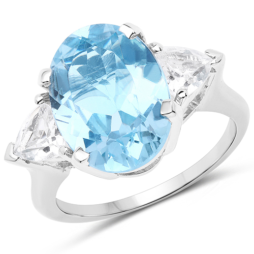 Rings-9.20 Carat Genuine Blue Topaz and White Topaz .925 Sterling Silver Ring