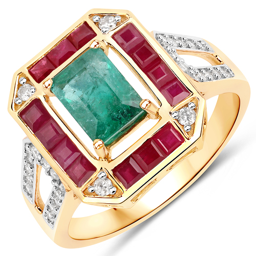 Emerald-2.00 Carat Genuine Zambian Emerald, Ruby and White Diamond 14K Yellow Gold Ring