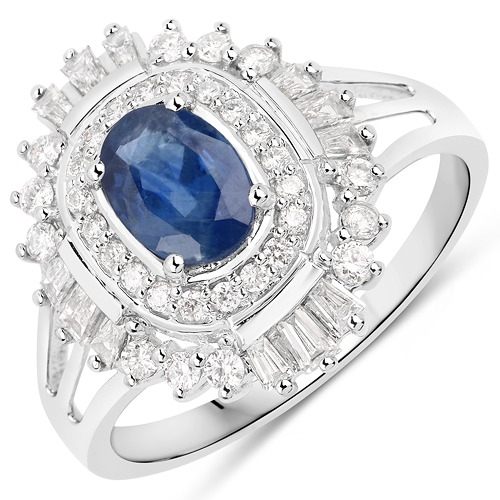 Sapphire-1.66 Carat Genuine Blue Sapphire and White Diamond 14K White Gold Ring