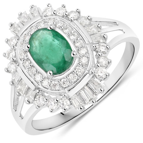 Emerald-1.43 Carat Genuine Zambian Emerald and White Diamond 14K White Gold Ring