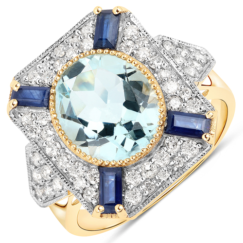 Rings-3.84 Carat Genuine Aquamarine, Blue Sapphire and White Diamond 14K Yellow Gold Ring