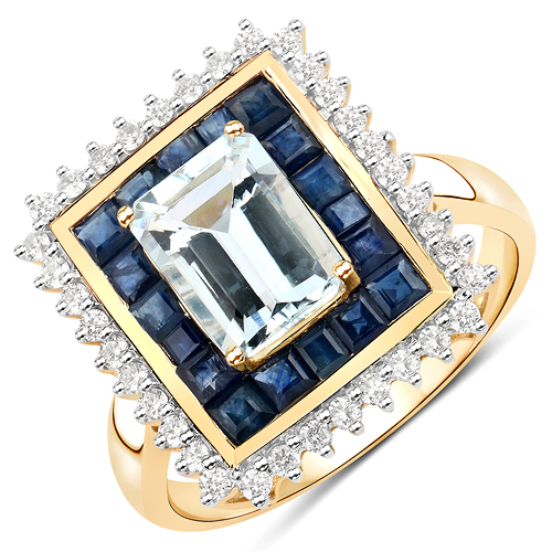 Rings-2.80 Carat Genuine Aquamarine, Blue Sapphire and White Diamond 14K Yellow Gold Ring
