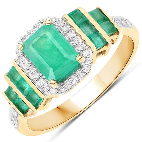 Emerald-1.59 Carat Genuine Zambian Emerald and White Diamond 14K Yellow Gold Ring