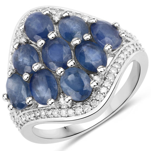 Sapphire-3.40 Carat Genuine Blue Sapphire and White Diamond .925 Sterling Silver Ring