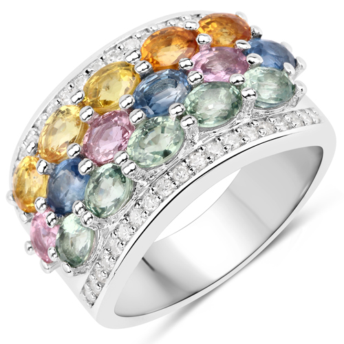 Sapphire-3.53 Carat Genuine Multi Sapphire and White Diamond .925 Sterling Silver Ring