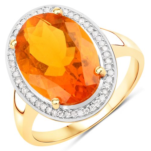 Opal-4.09 Carat Genuine Fire Opal and White Diamond 14K Yellow Gold Ring