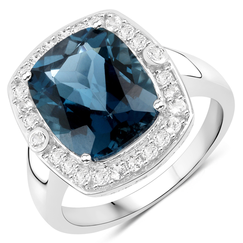 Rings-7.07 Carat Genuine London Blue Topaz and White Topaz .925 Sterling Silver Ring