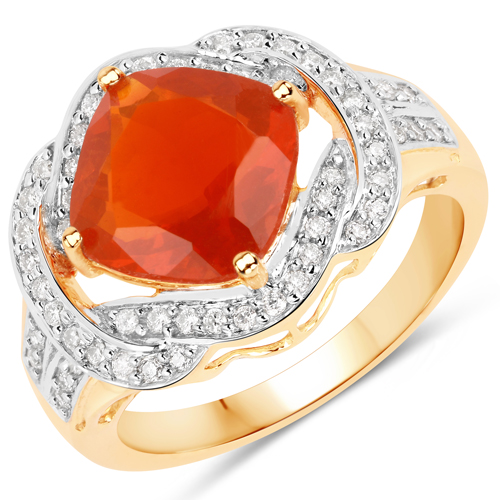 Opal-2.75 Carat Genuine Fire Opal and White Diamond 14K Yellow Gold Ring