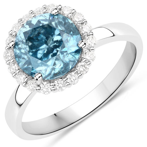 Diamond-2.25 Carat Genuine Sky Blue Diamond and White Diamond 14K White Gold Ring