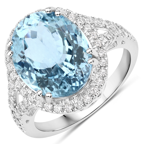 Rings-6.29 Carat Genuine Aquamarine And White Diamond 14K White Gold Ring