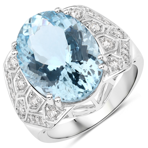 Rings-8.45 Carat Genuine Aquamarine And White Diamond 14K White Gold Ring