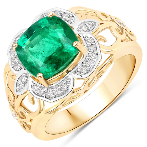 Emerald-3.33 Carat Genuine Zambian Emerald and White Diamond 14K Yellow Gold Ring