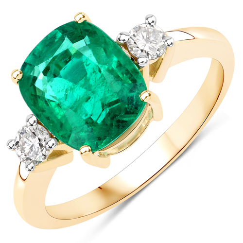 Emerald-3.09 Carat Genuine Zambian Emerald and White Diamond 14K Yellow Gold Ring