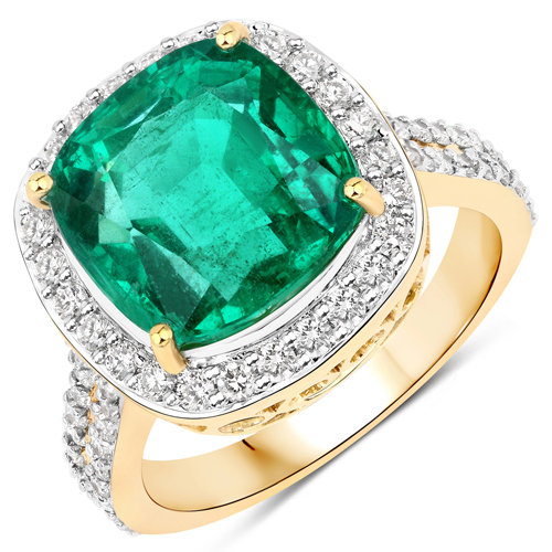 Emerald-6.96 Carat Genuine Zambian Emerald and White Diamond 18K Yellow Gold Ring