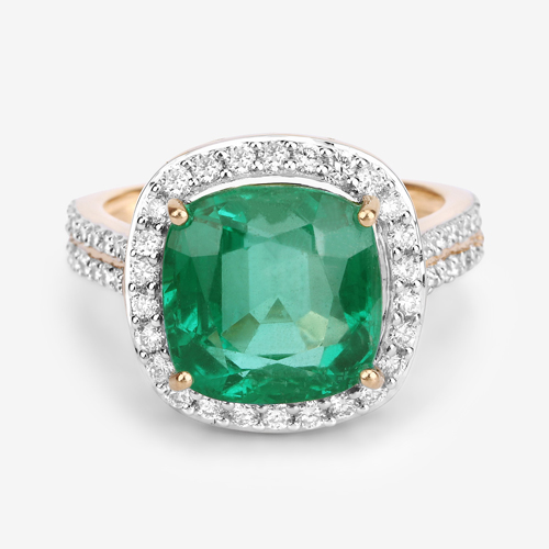 6.96 Carat Genuine Zambian Emerald and White Diamond 18K Yellow Gold Ring
