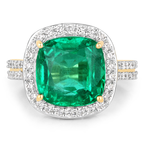 6.96 Carat Genuine Zambian Emerald and White Diamond 18K Yellow Gold Ring