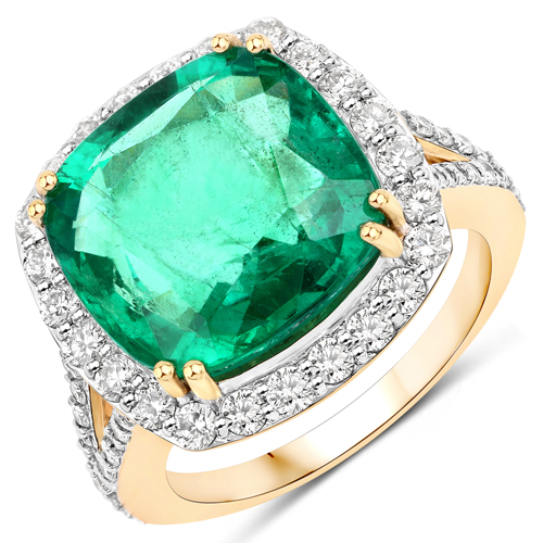 Emerald-9.98 Carat Genuine Zambian Emerald and White Diamond 18K Yellow Gold Ring