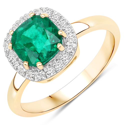 Emerald-1.98 Carat Genuine Zambian Emerald and White Diamond 14K Yellow Gold Ring