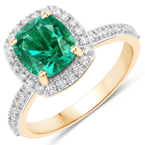 Emerald-2.08 Carat Genuine Zambian Emerald and White Diamond 14K Yellow Gold Ring
