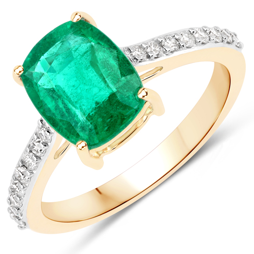 Emerald-2.39 Carat Genuine Zambian Emerald and White Diamond 14K Yellow Gold Ring